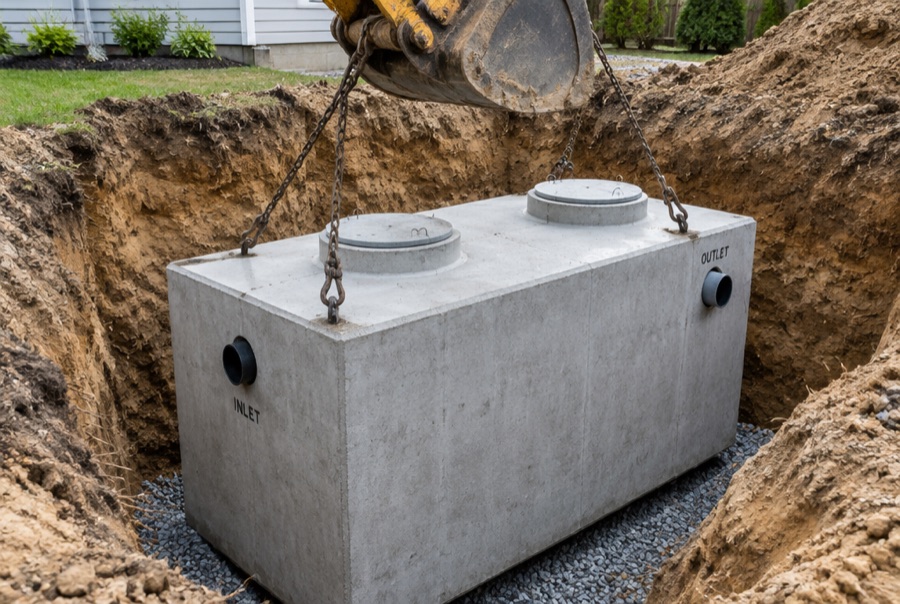 New septic system installation with the concrete tank set in an excavated yard in Fayetteville, NC