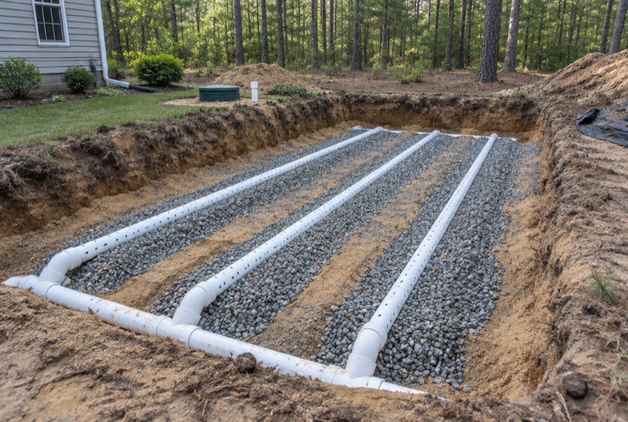 Septic repair work exposing a drain field at a home in Fayetteville, NC